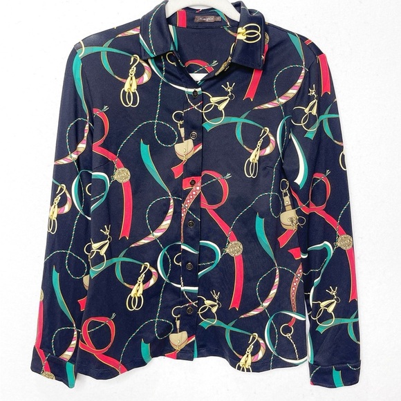 J McLaughlin Betty Top Multicolor Equestrian Print Catalina Cloth Button Front - Picture 1 of 8